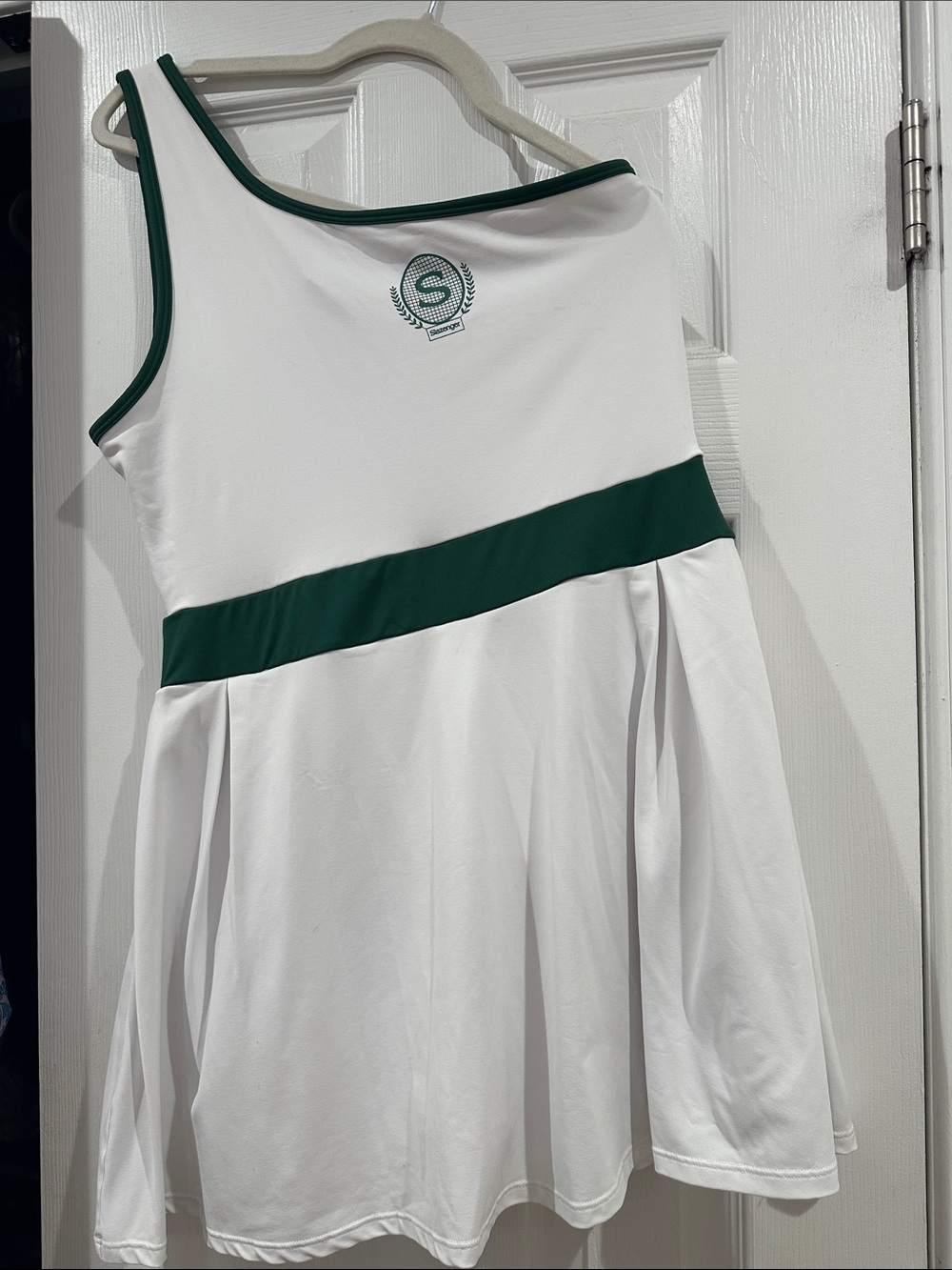 Slazenger Vintage White and Dark Green One-Shoulder Casual Dress